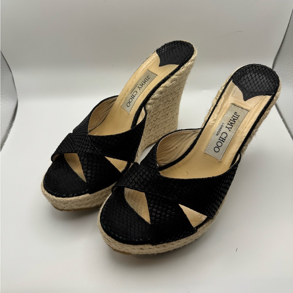 Summer Jimmy Choo Black and Tan espadrille wedge sandals with box